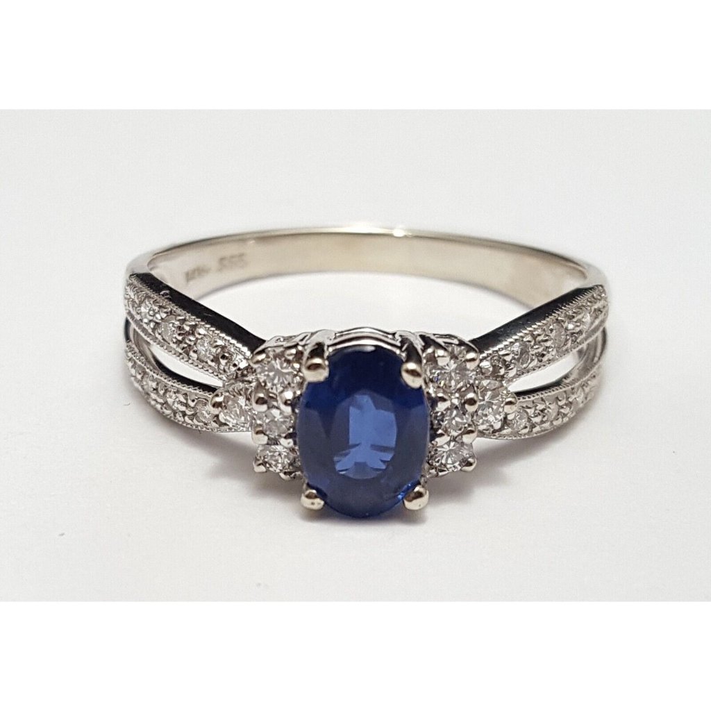 Unique 14k Karat Solid White Gold Designer Sapphire  Diamond Ring  Size 925